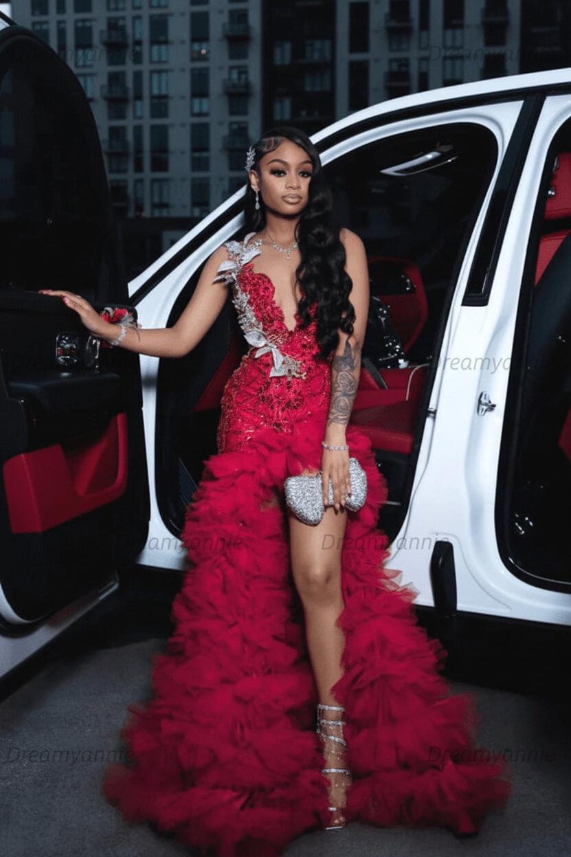 Red Tulle Prom Dress Ruffled Sequined V Neck Formal Evening Gown with 3D Flowers