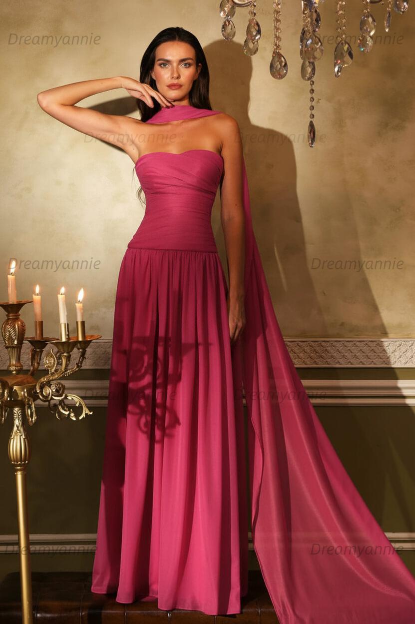 Orange A Line Prom Dress Sleeveless Strapless Evening Dress