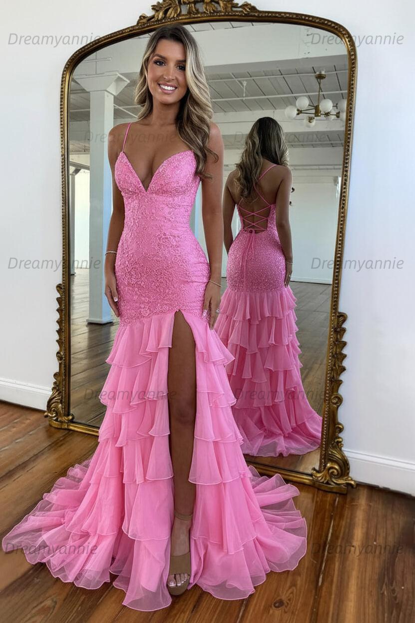Charming Mermaid Spaghetti Straps Lace Up Long Prom Dress With Ruffle Skirt Formal Evening Gown