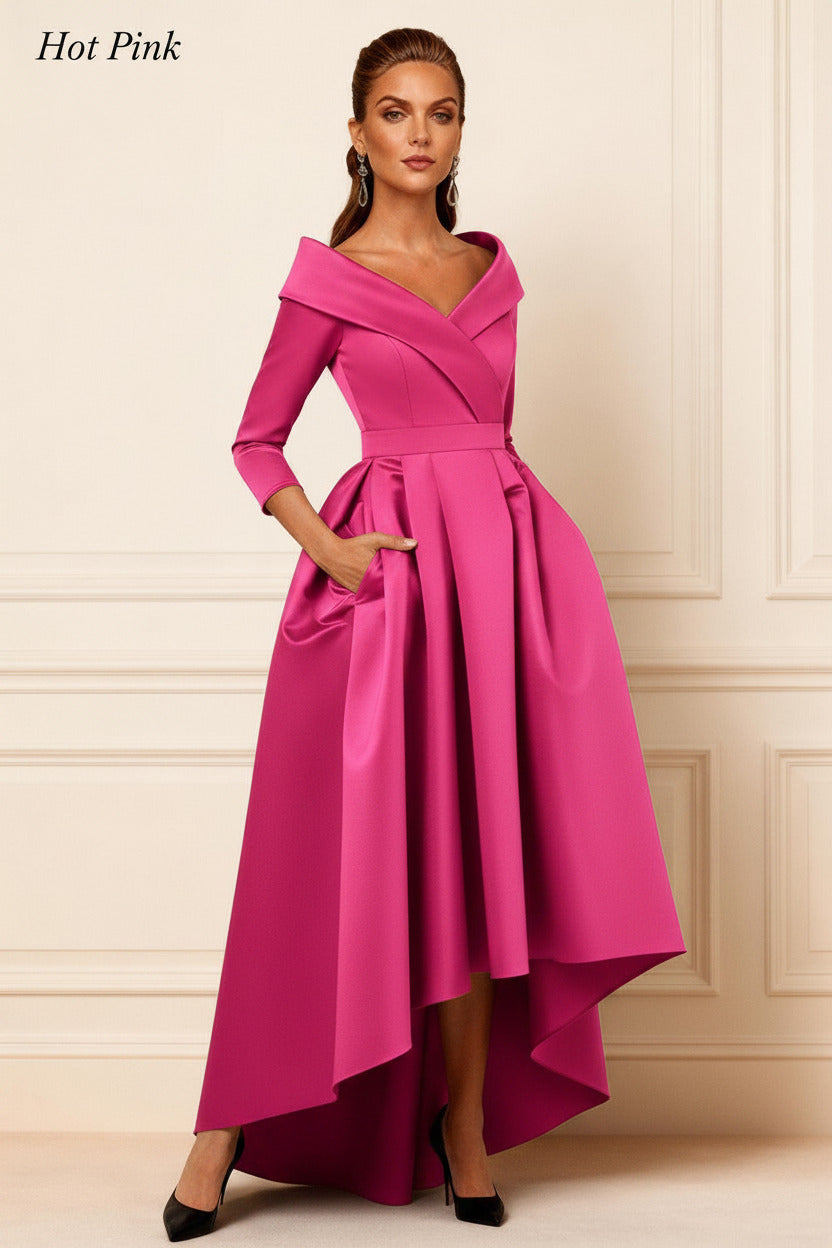 Dreamyannie Dark Navy V Neck Satin High Low Mother Of The Bride Dress With Pockets