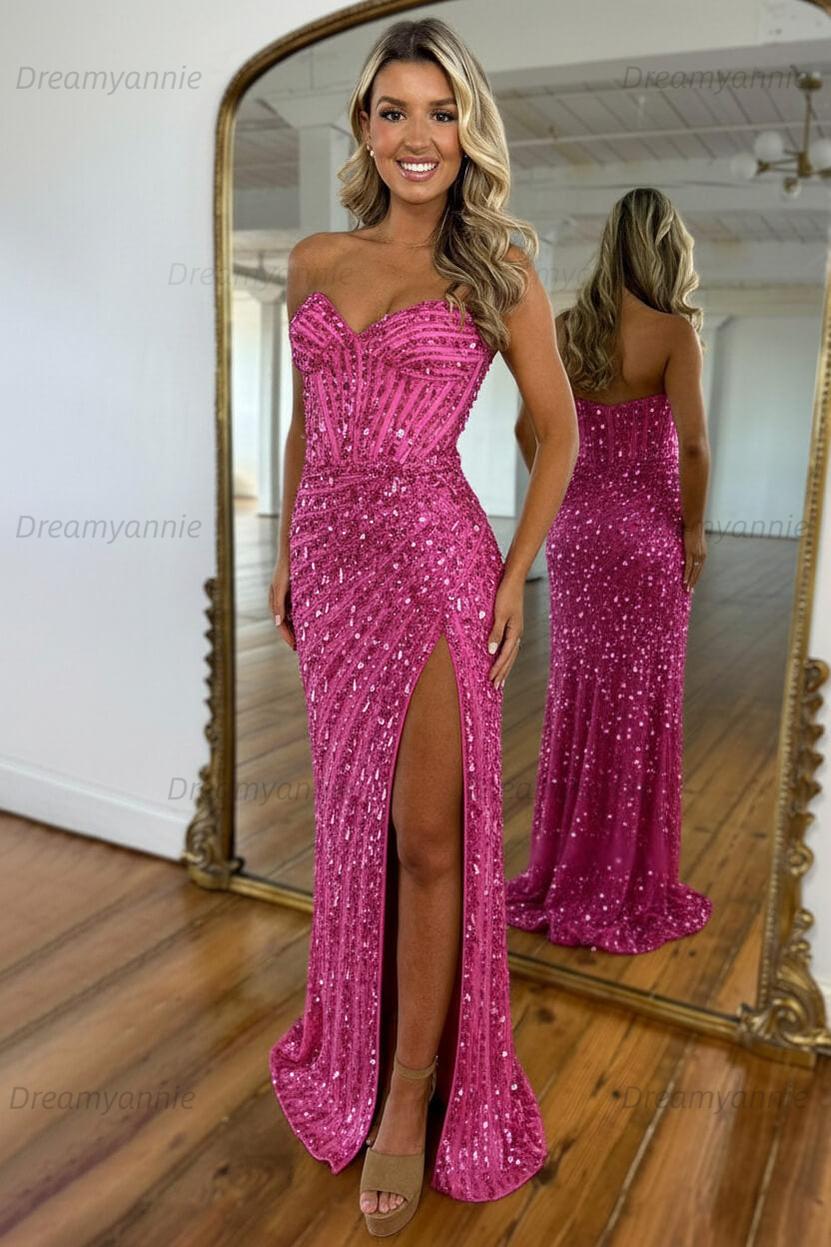 Sweetheart Mermaid Sequined Prom Dress With High Slit Skirt Evening Gown