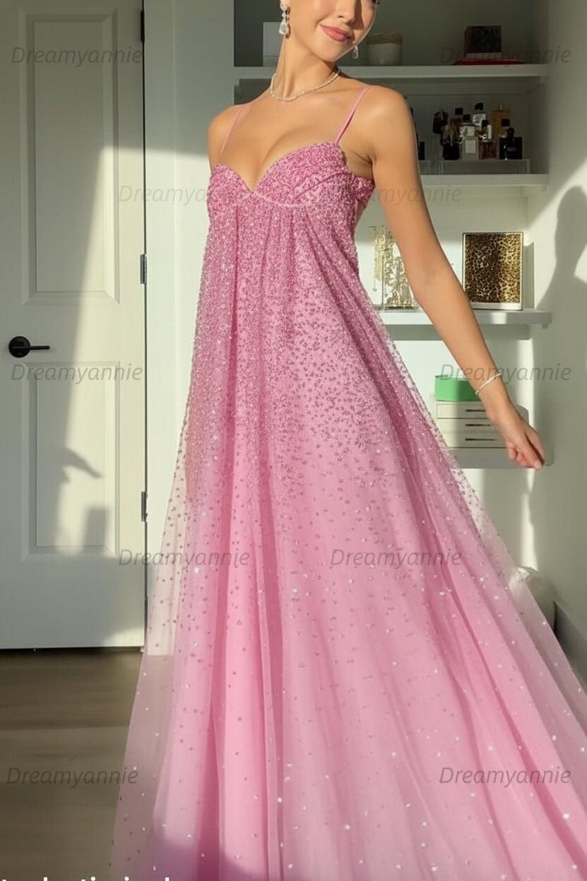 Bling A Line Spaghetti Straps Grey Blue Long Party Dress With Beading Formal Evening Gown
