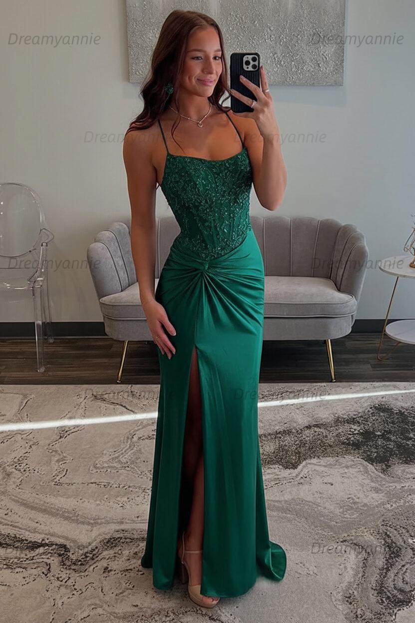Dreamyannie Red Prom Dress Spaghetti Straps Ruhed Long Lace Formal Dress With Appliques