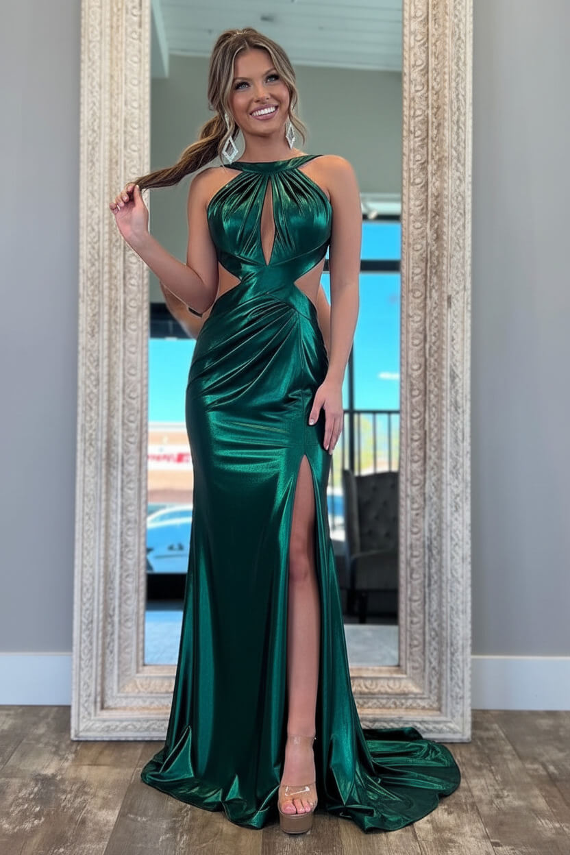 Stylish Fuchsia Metallic Mermaid Prom Dress With Slit And Open Back Formal Evening Gown