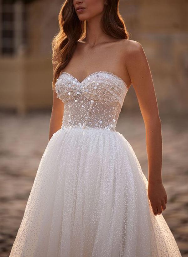 Illusion Neck A-Line Beach Wedding Dress with Long Sleeves and Sweep Train in Tulle/Sequined