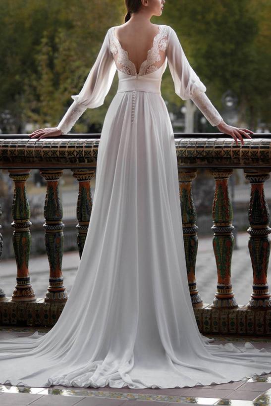 Illusion Neck A-Line Beach Wedding Dresses with Long Sleeves and Split Front