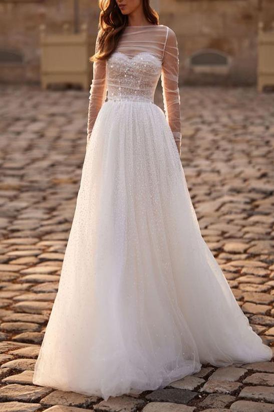 Illusion Neck A-Line Wedding Dress with Long Sleeves and Sweep Train in Tulle/Sequined