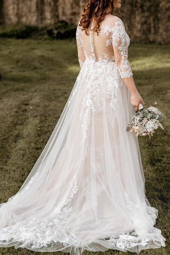 navy blue dress for baby girl Princess A-Line Wedding Dress with Illusion Sleeves & Cathedral Train –  Think Bridal main image 0