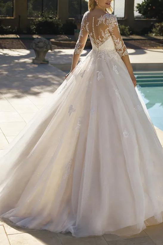 Illusion Neck A-Line Wedding Dresses with Sequins Lace/Tulle and 3/4 Sleeves