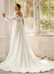 Illusion Neck Lace Long Sleeves Beach Wedding Dresses