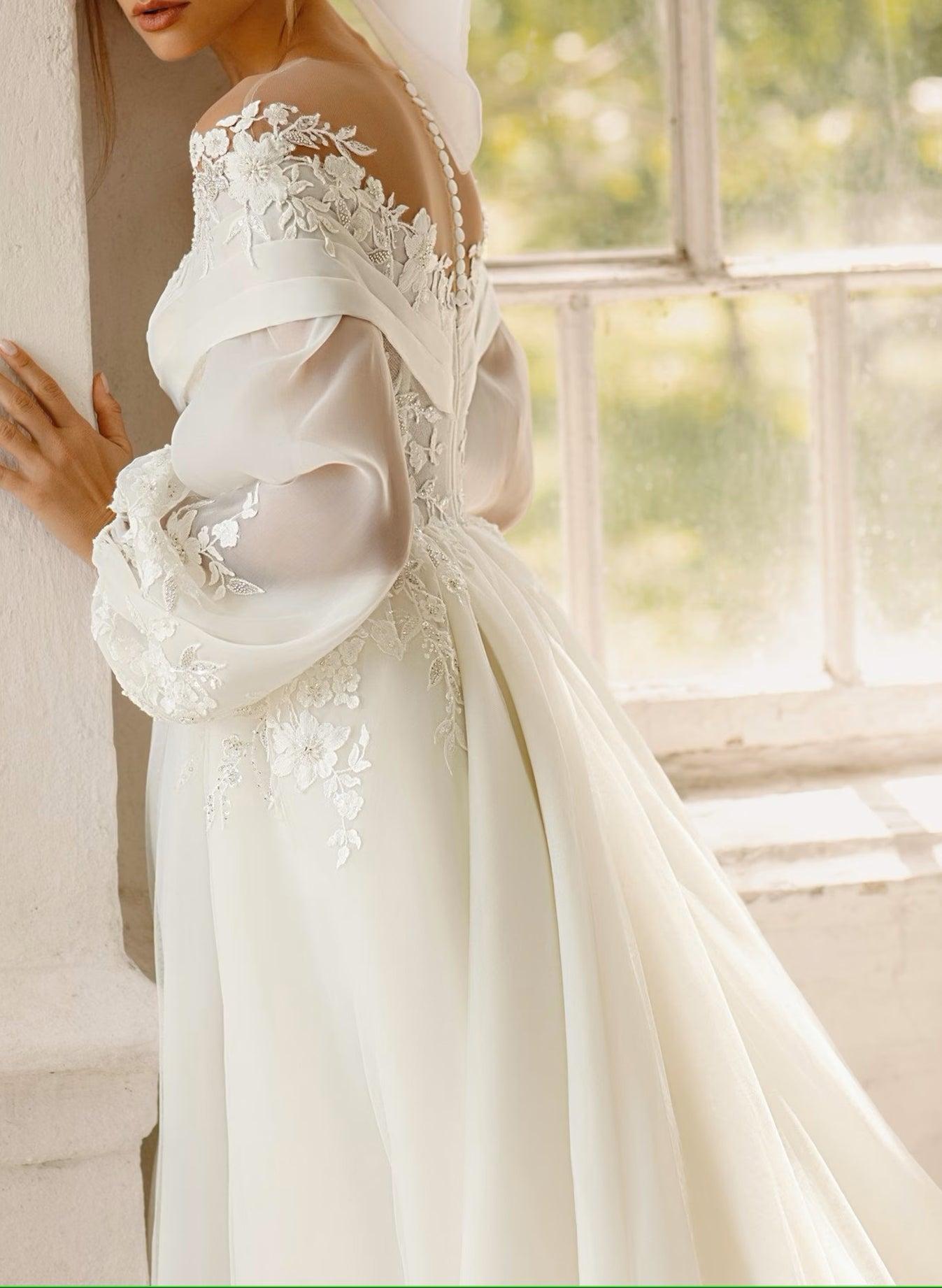 Illusion Neck Lace Long Sleeves Beach Wedding Dresses