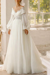 Illusion Neck Lace Long Sleeves Beach Wedding Dresses