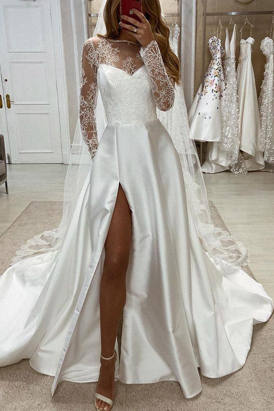 Illusion Neck Long Sleeves Satin Wedding Dresses With Lace