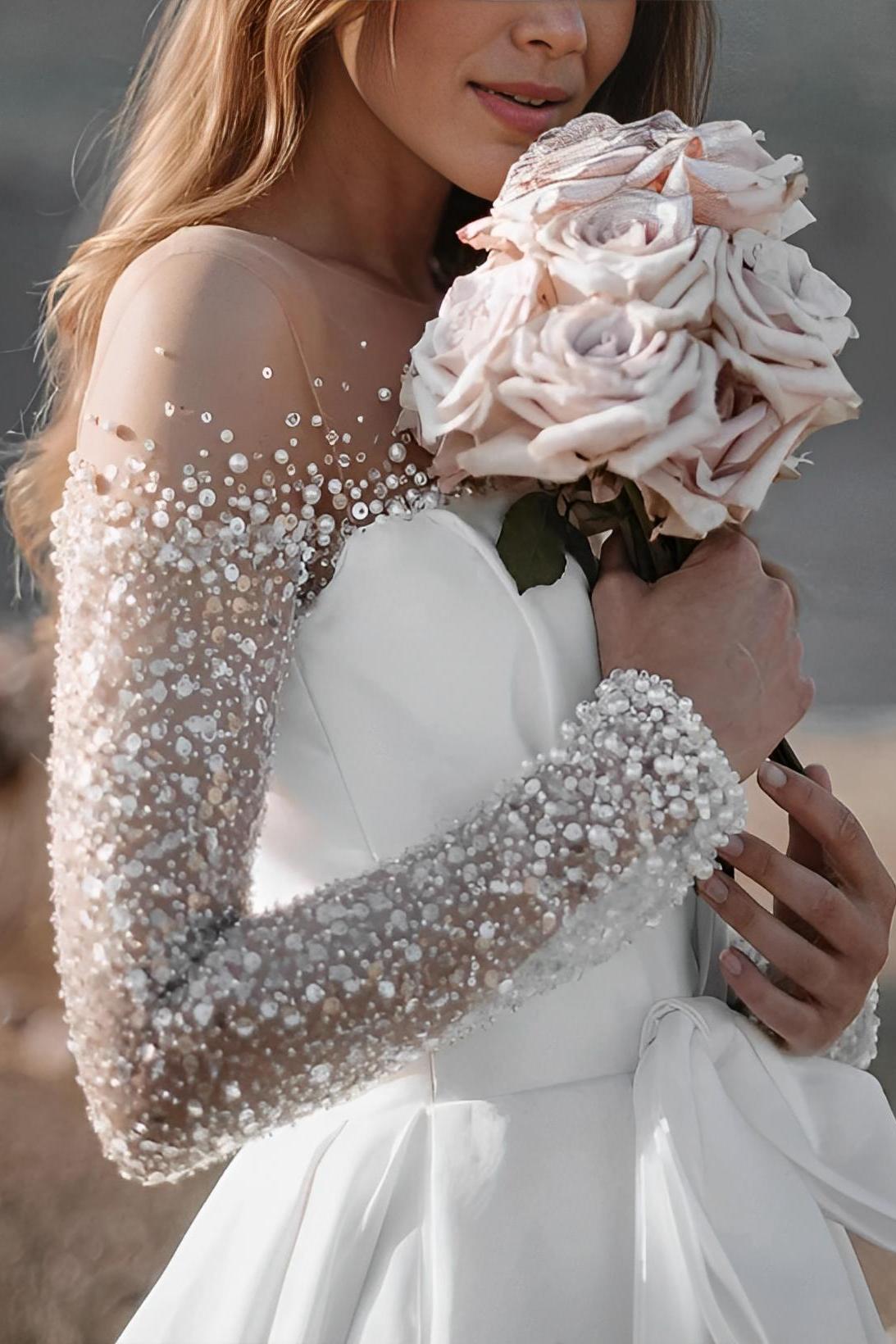 Illusion Neck Long Sleeves Sweep Train Beach Wedding Dress