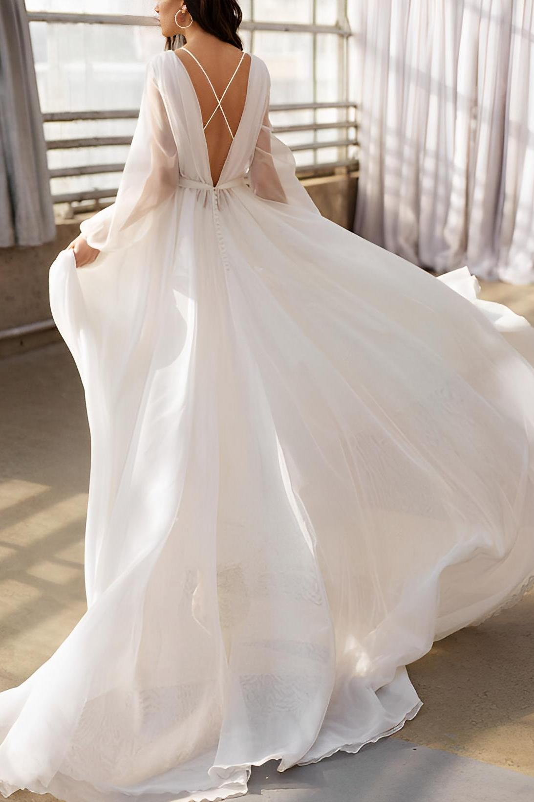 Illusion Neck Long Sleeves Sweep Train Chiffon Beach Wedding Dresses