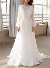 Illusion Neck Long Sleeves Sweep Train Chiffon Beach Wedding Dresses