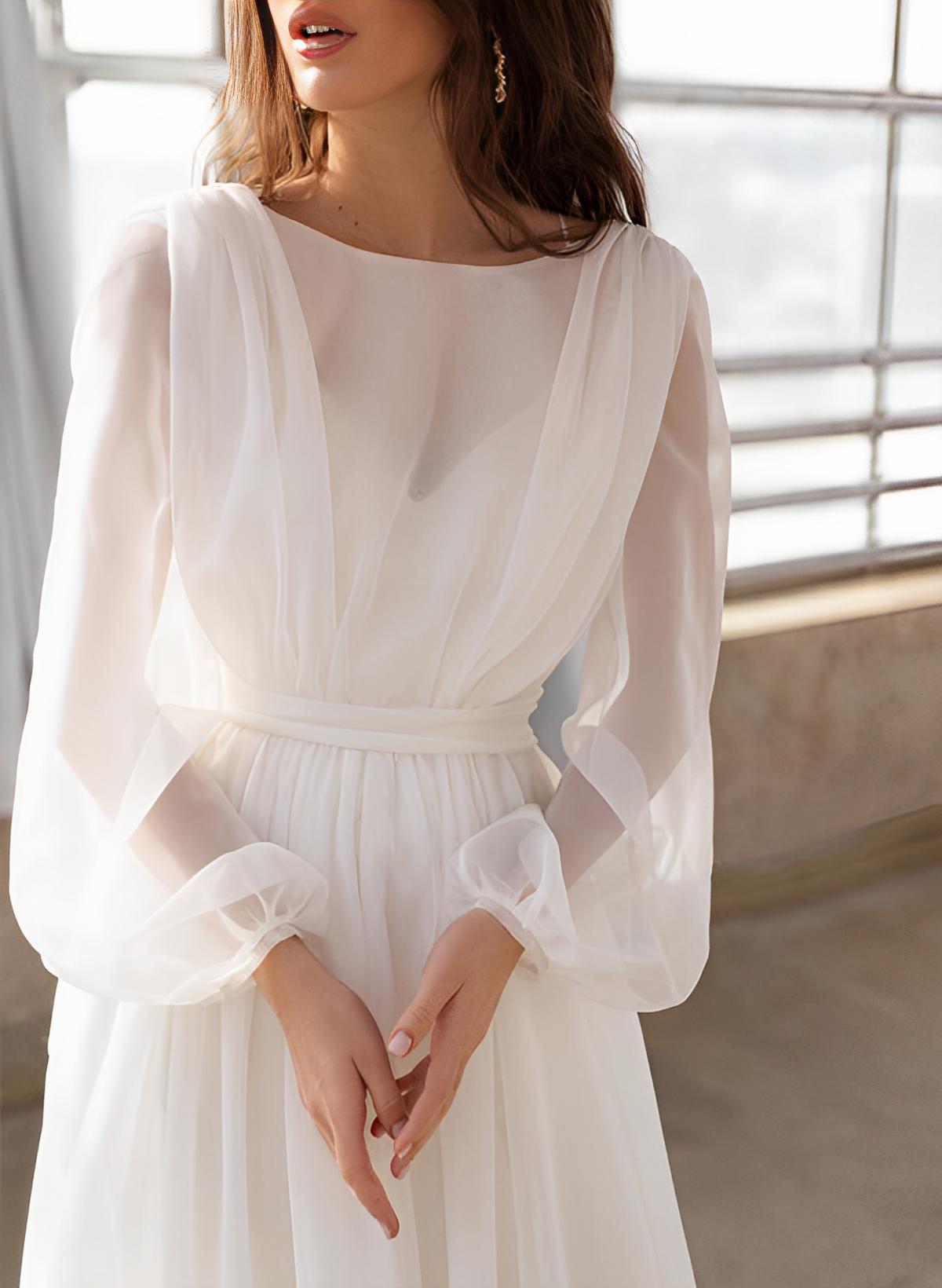 Illusion Neck Long Sleeves Sweep Train Chiffon Beach Wedding Dresses