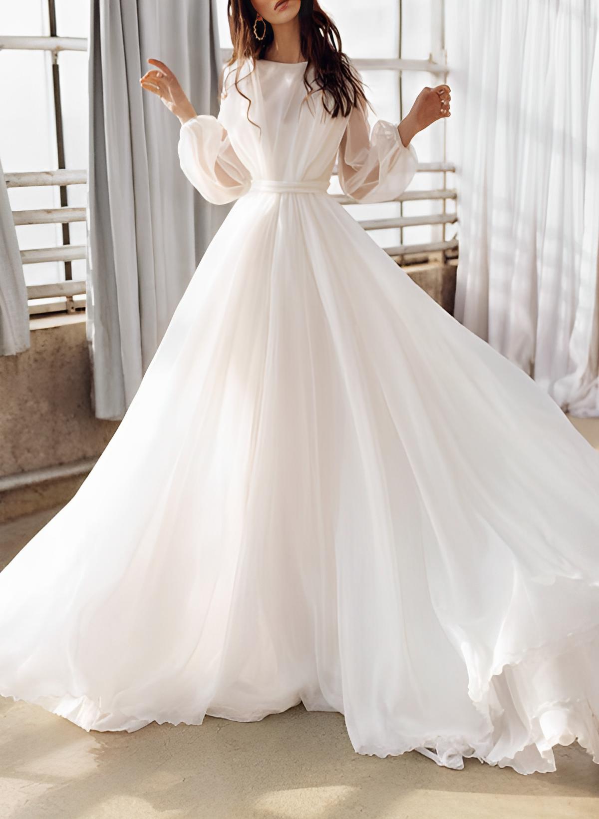 Illusion Neck Long Sleeves Sweep Train Chiffon Beach Wedding Dresses