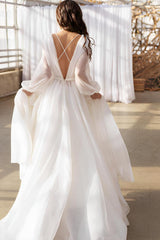 Illusion Neck Long Sleeves Sweep Train Chiffon Beach Wedding Dresses