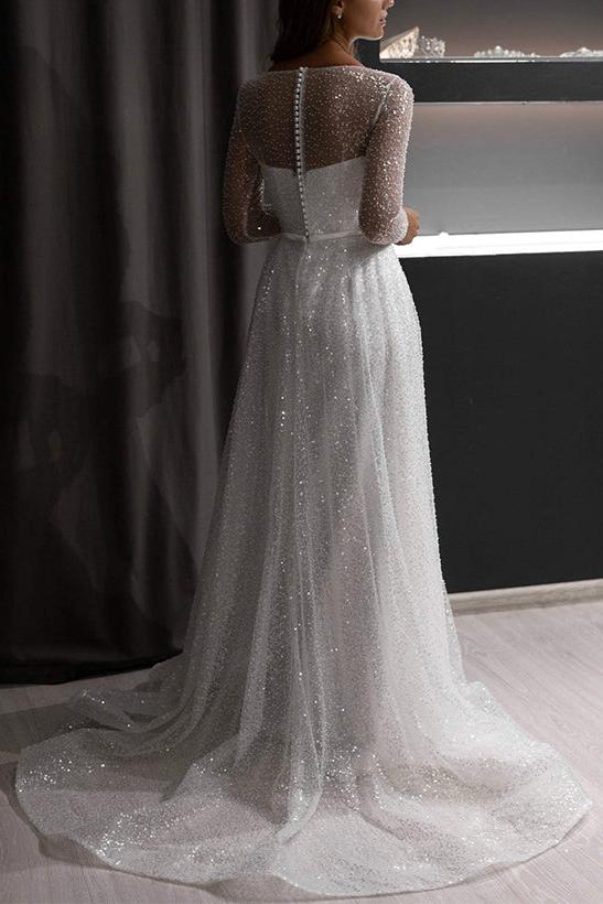 Illusion Neck Long Sleeves Sweep Train Sequined Wedding Dresses