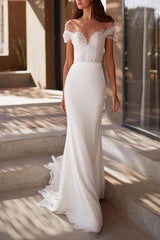 Illusion Neck Short Sleeves Sweep Train Elastic Satin Beach Wedding Dresses With Beading