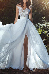 Illusion Neck Sleeveless Lace/Tulle Beach Wedding Dresses With Split Front