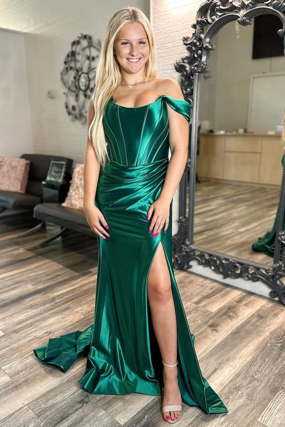 Mermaid Dark Green Off The Shoulder Corset Satin Prom Drss With Slit