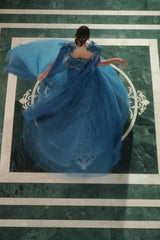 Ink Blue Tulle A Line Prom Dress with Cape and 3D Shoulder Flowers