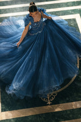 Ink Blue Tulle A Line Prom Dress with Cape and 3D Shoulder Flowers