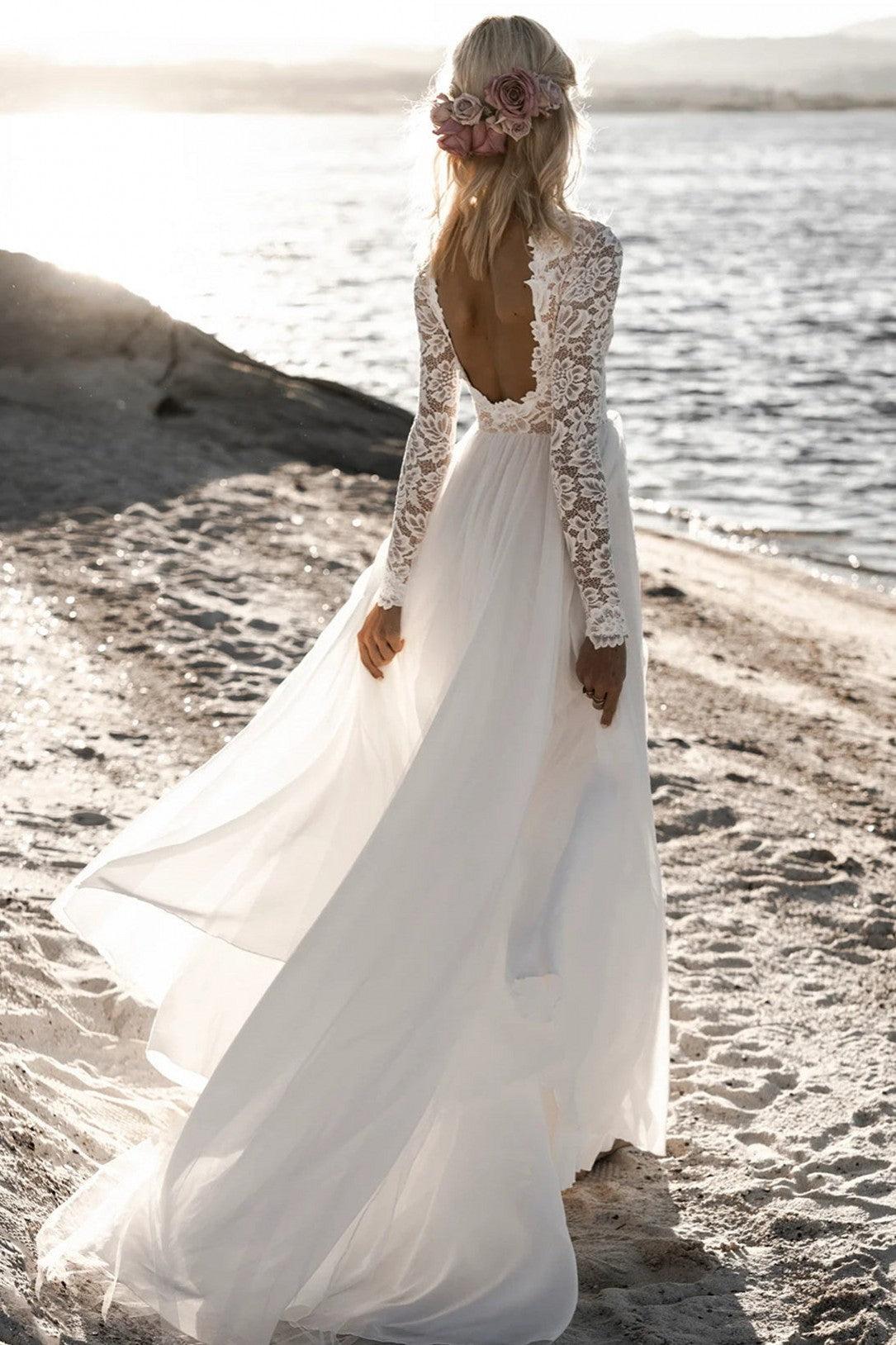 Ivory A-Line Beach Wedding Dress Backless Floor Length Bridal Dress