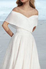 Ivory A-Line Beach Wedding Dress Off the Shoulder Bridal Dress With Sweep Train