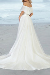 Ivory A-Line Beach Wedding Dress Off the Shoulder Bridal Dress With Sweep Train