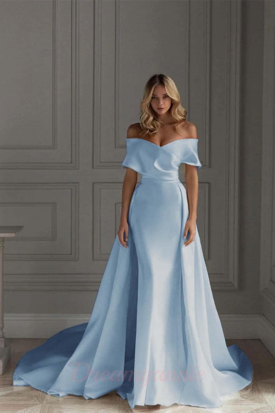 Ivory A Line Beach Wedding Dress Off the Shoulder Bridal Dress with Panel Train