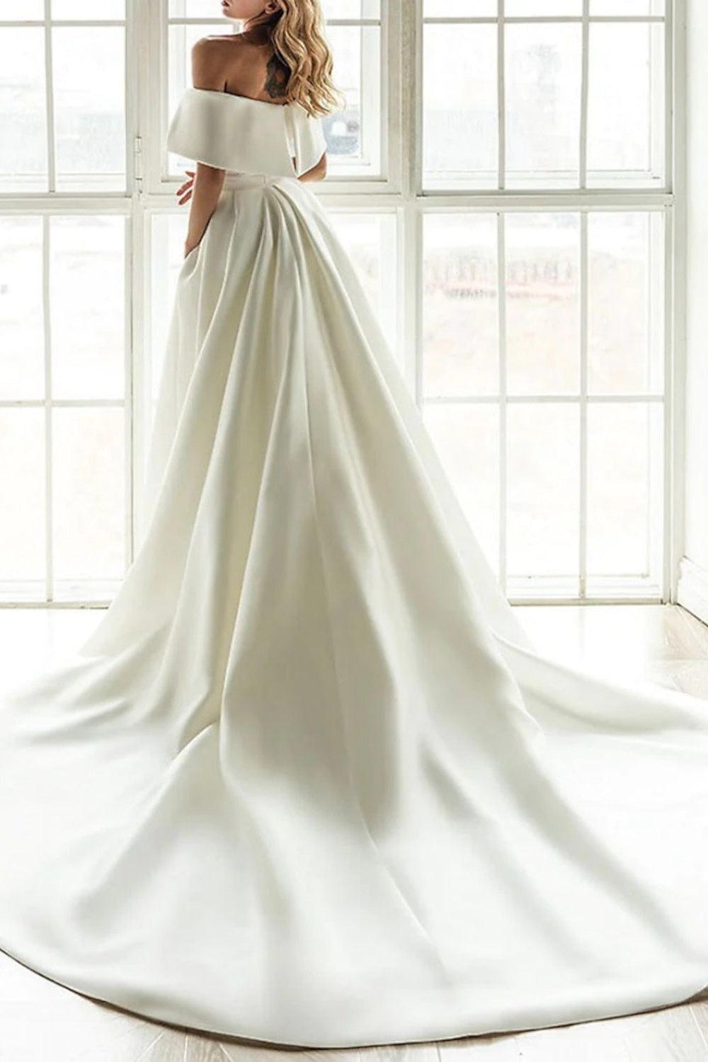 Ivory A Line Beach Wedding Dress Off the Shoulder Bridal Dress with Panel Train