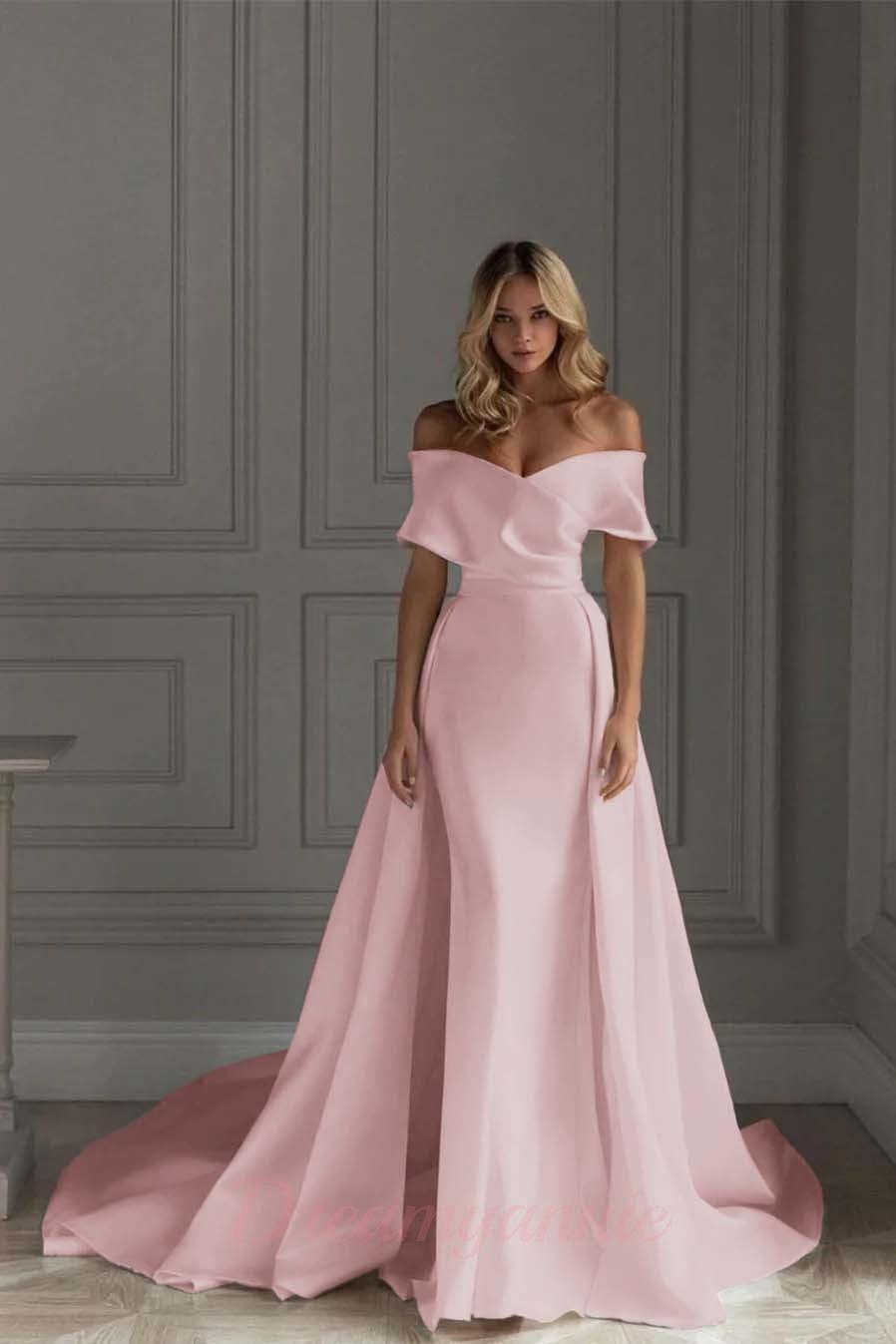 Ivory A Line Beach Wedding Dress Off the Shoulder Bridal Dress with Panel Train
