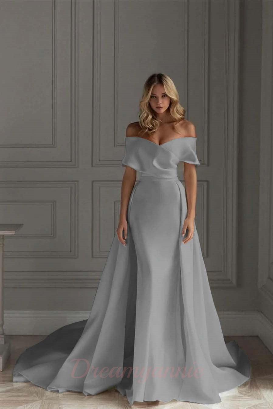 Ivory A Line Beach Wedding Dress Off the Shoulder Bridal Dress with Panel Train