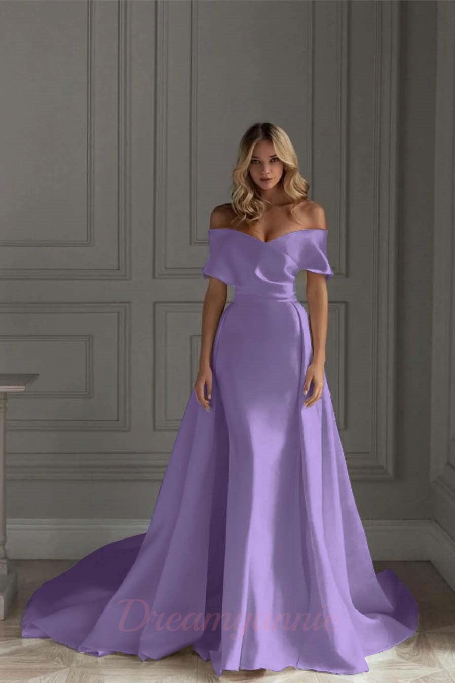 Ivory A Line Beach Wedding Dress Off the Shoulder Bridal Dress with Panel Train
