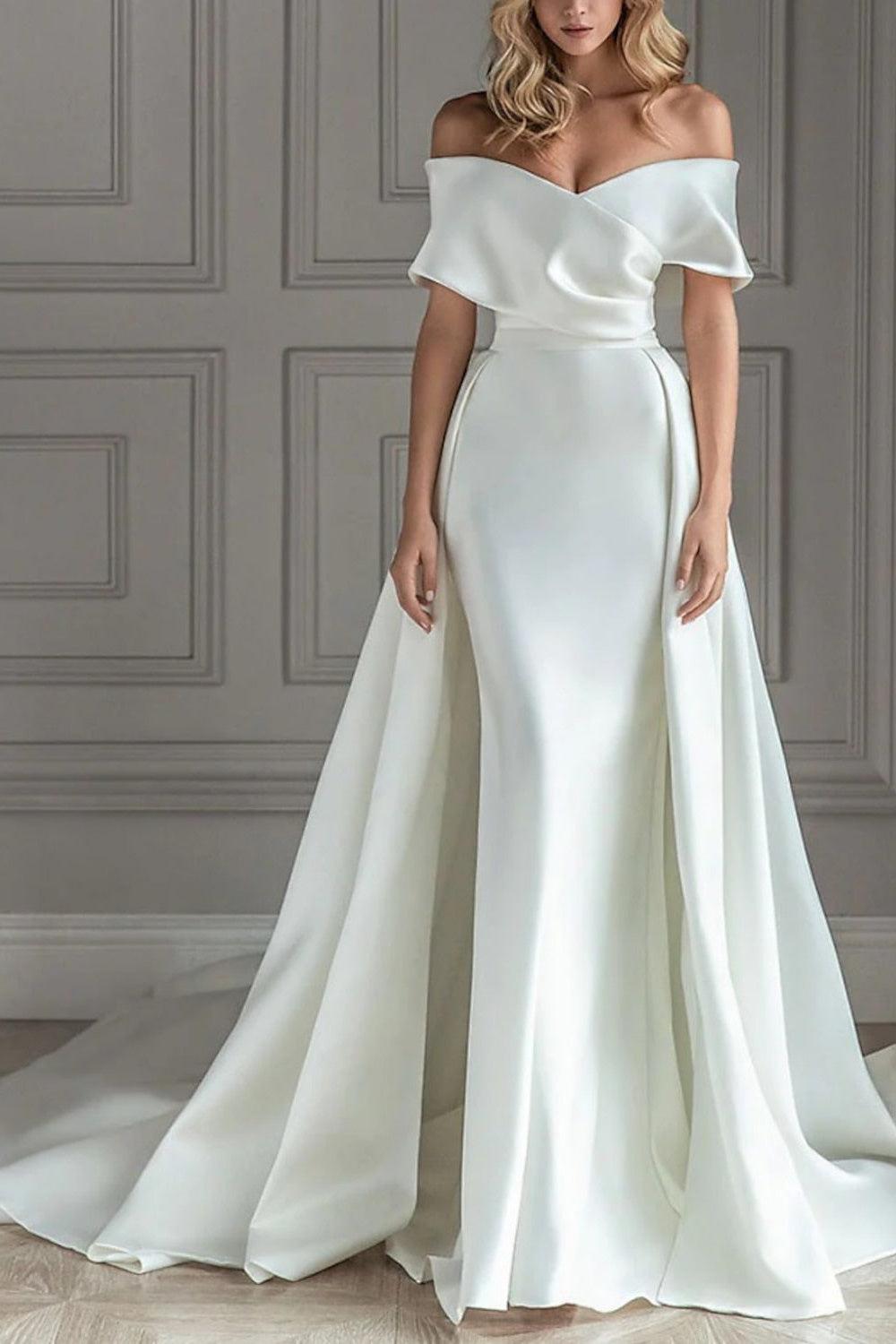 Ivory A Line Beach Wedding Dress Off the Shoulder Bridal Dress with Panel Train
