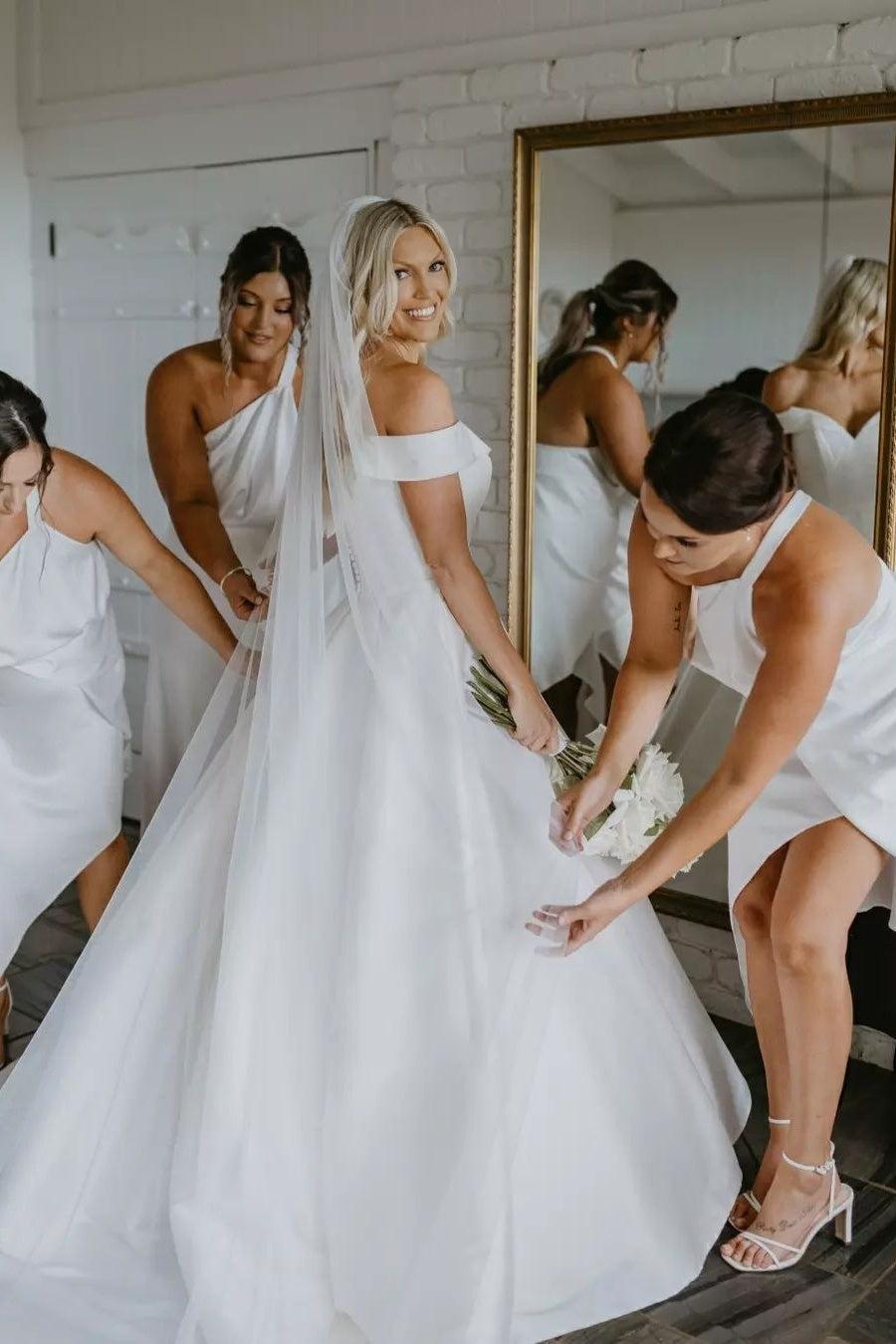 Ivory A Line Beach Wedding Dress Off the Shoulder Satin Bridal Dress