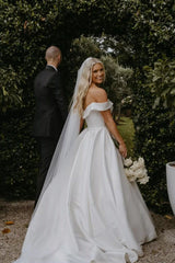 Ivory A Line Beach Wedding Dress Off the Shoulder Satin Bridal Dress