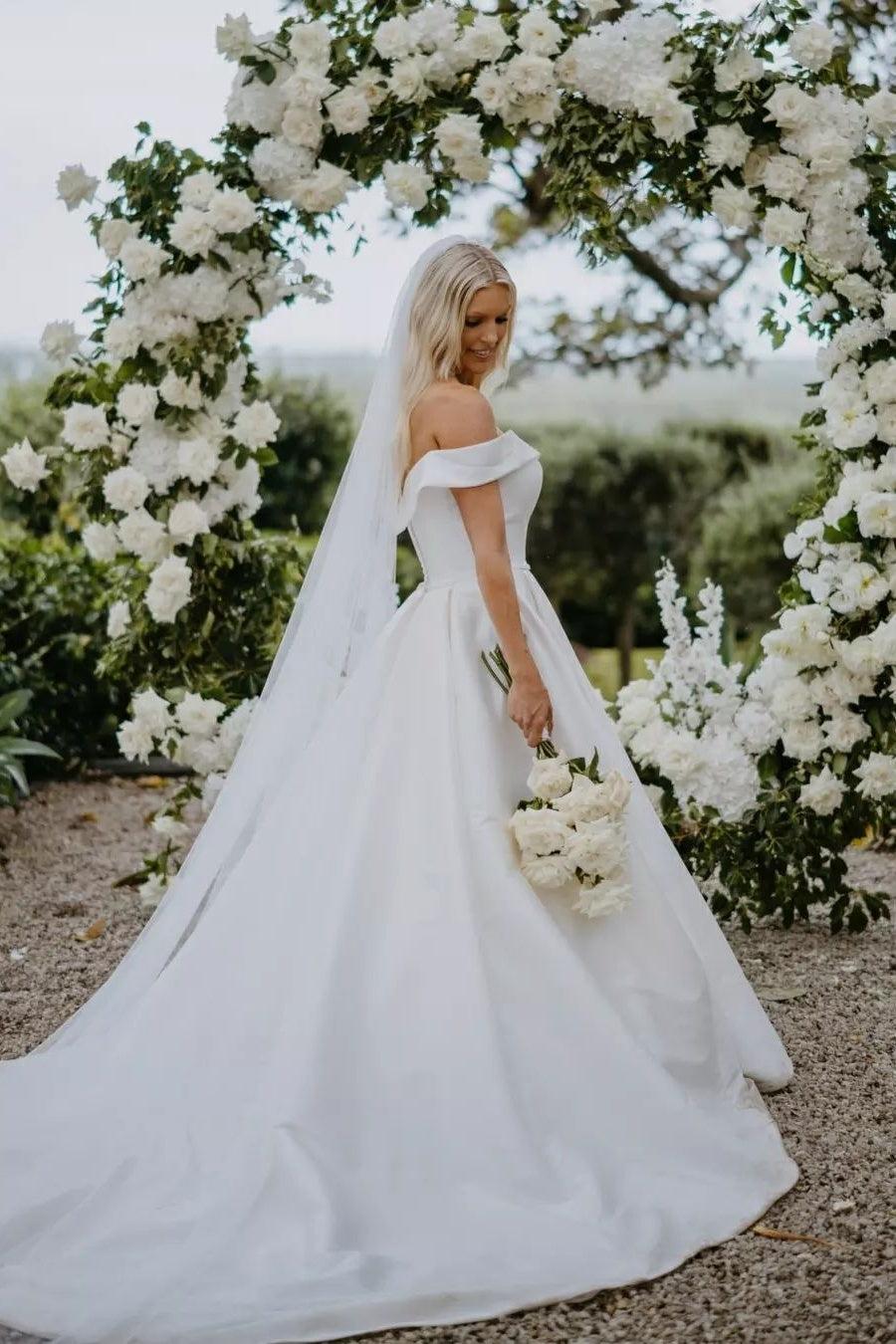 Ivory A Line Beach Wedding Dress Off the Shoulder Satin Bridal Dress