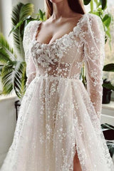 Ivory A Line Beach Wedding Dress Sleeves Lace Bridal Gown With Slit