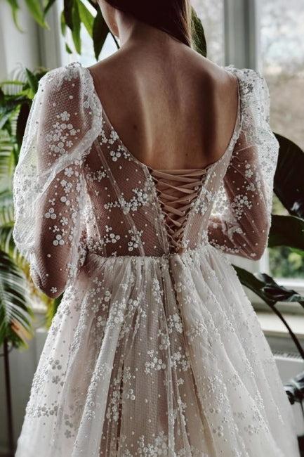 Ivory A Line Beach Wedding Dress Sleeves Lace Bridal Gown With Slit