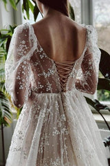 Ivory A Line Beach Wedding Dress Sleeves Lace Bridal Gown With Slit