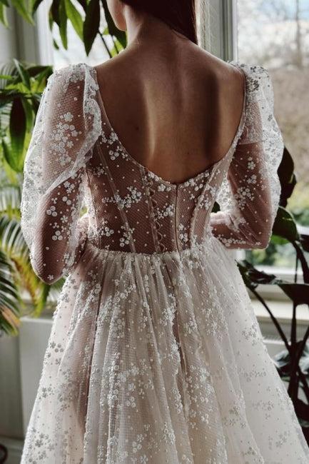 Ivory A Line Beach Wedding Dress Sleeves Lace Bridal Gown With Slit
