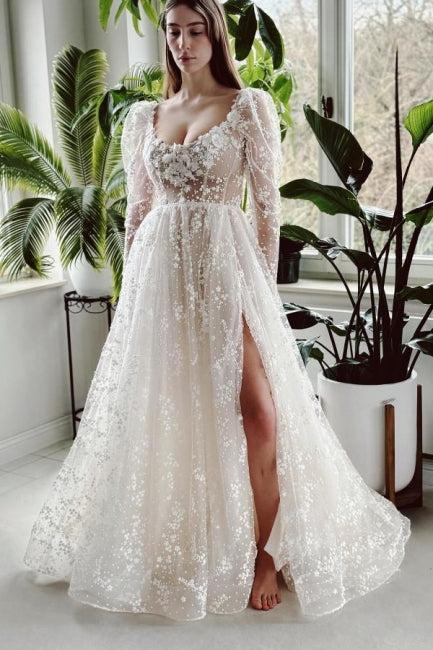 Ivory A Line Beach Wedding Dress Sleeves Lace Bridal Gown With Slit