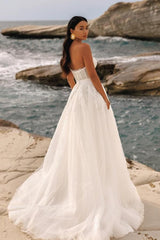 Ivory A Line Beach Wedding Dress Strapless Appliques Tulle Bridal Gown
