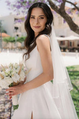 Ivory A Line Beach Wedding Dress Straps Tulle Sleeveless Bridal Gown With Slit