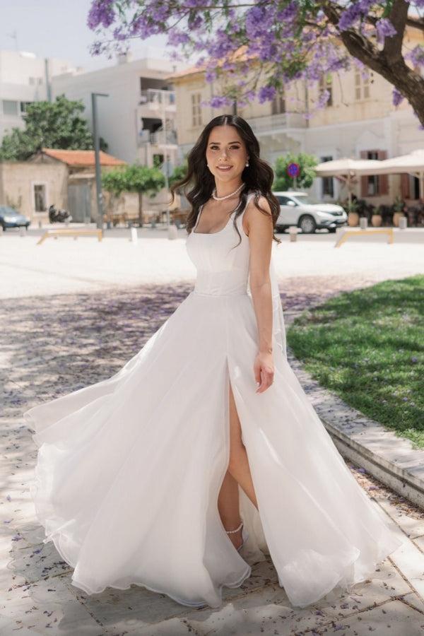 Ivory A Line Beach Wedding Dress Straps Tulle Sleeveless Bridal Gown With Slit