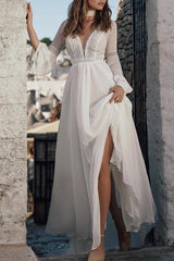 Ivory A Line Beach Wedding Dress V Neck LaceLong Sleeves Beach Wedding Dress